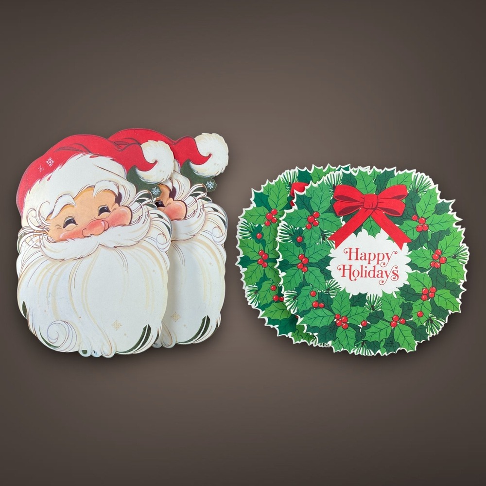 Hallmark Wreath and Hallmark Santa Card Stock Holiday Decor Set of 4 Vintage